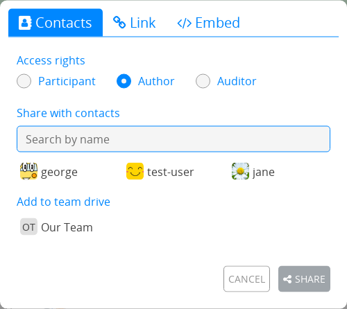 the share menu in the form application, showing the three roles: participant, auditor, and author.